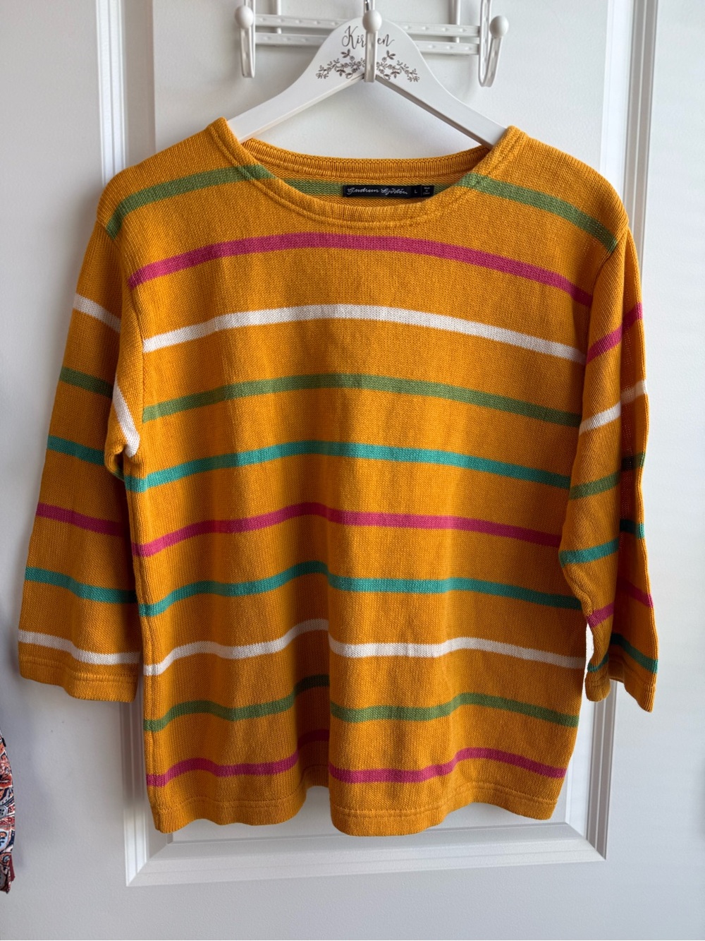 Gudrun Sjoden Linen Cotton Blend 3/4 Sleeve Sweater Mustard Striped Large